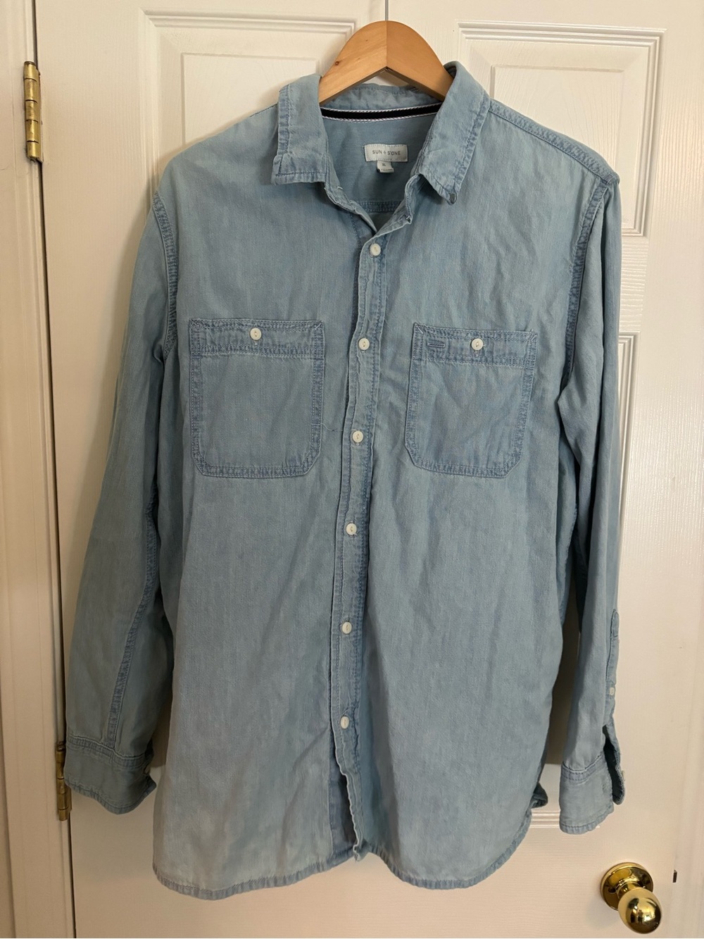 Sun + Stone Light Blue Denim Button-Down Shirt